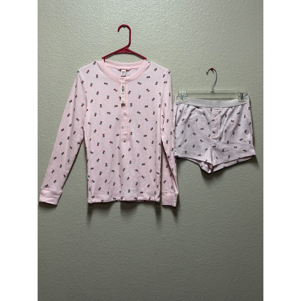 Victorias Secret Pink Mistletoe Pointelle Pajama Set Henley Top Shorts M NEW